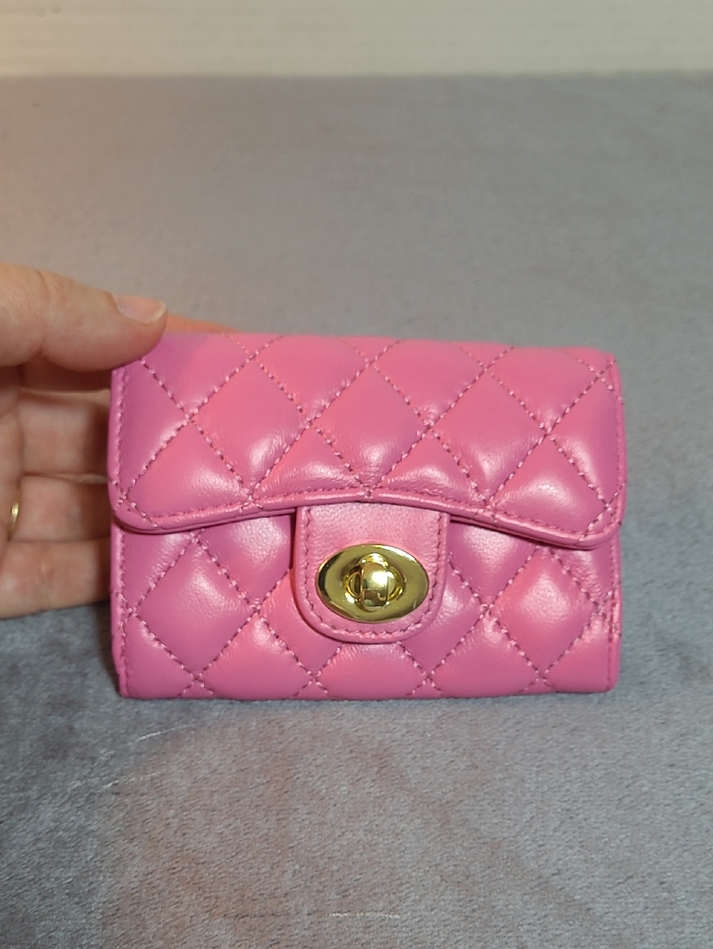 Leather Wallet Peony Supreme Pink Quilted 2 Pocket Compact with Gold Turn-Lock